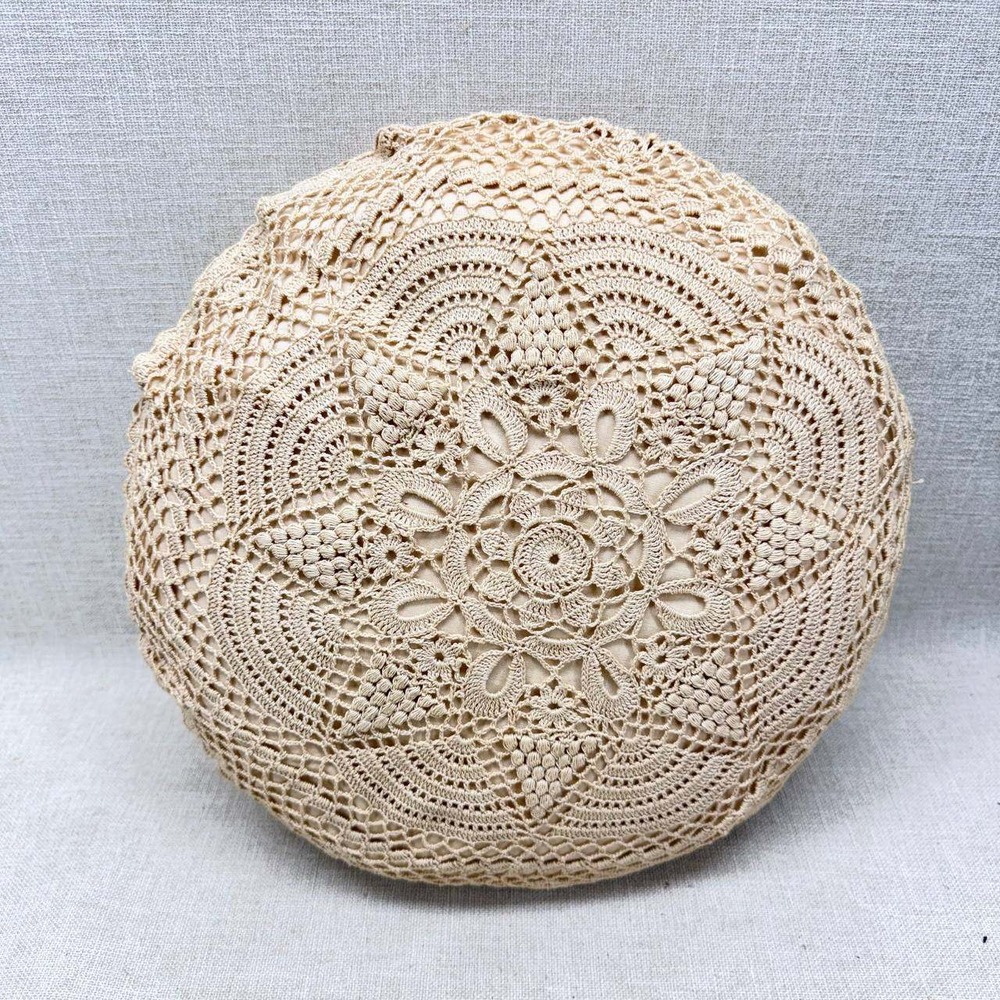 Vintage Round Crochet Lace Throw Pillow Beige Boho Cottagecore Decorative 12in